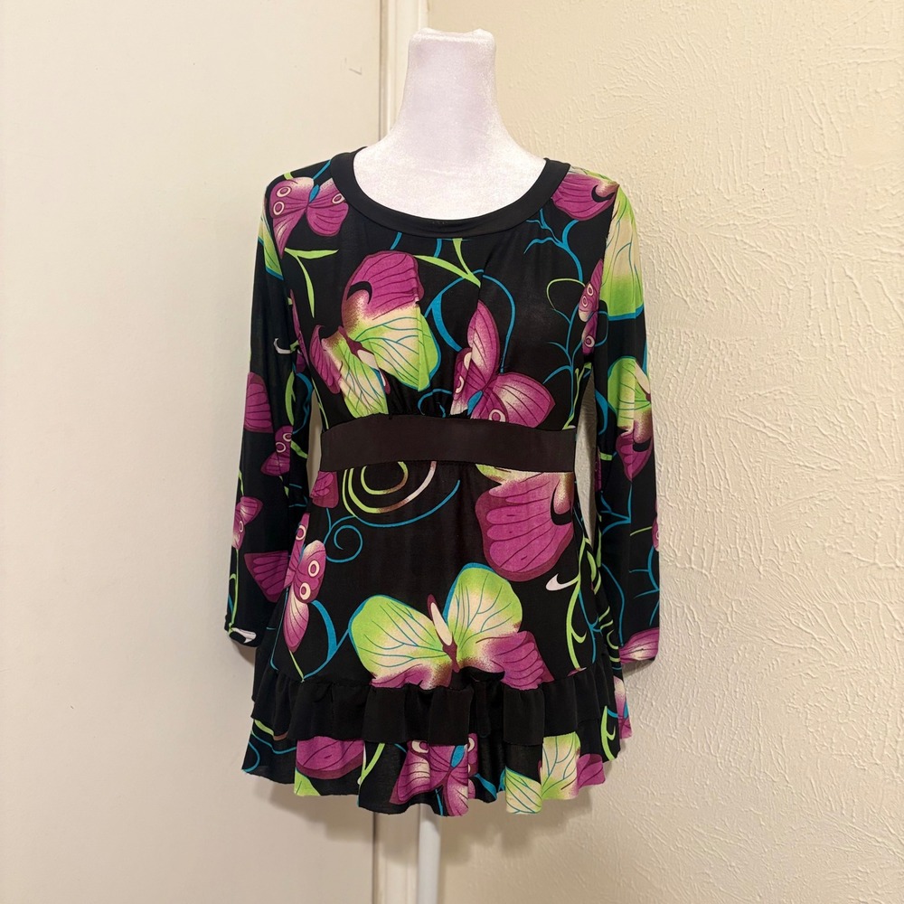 Y2K Luna Butterfly Print Empire Waist Top Black Purple Green Fairycore Witchy S